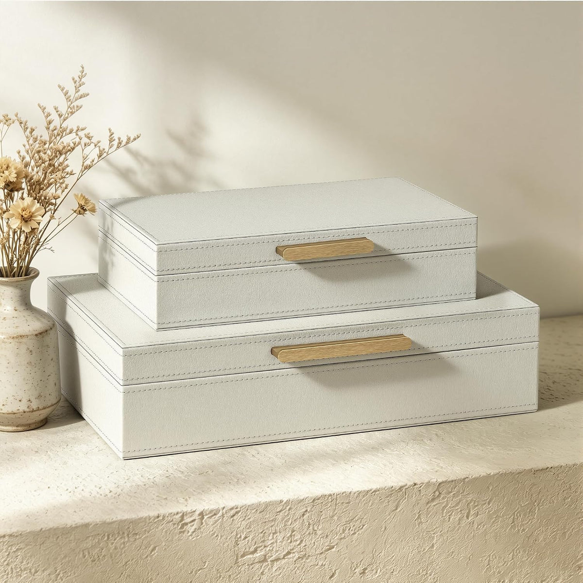 Decorative Storage Boxes with Lids, PU Leather Bins, Ivory White