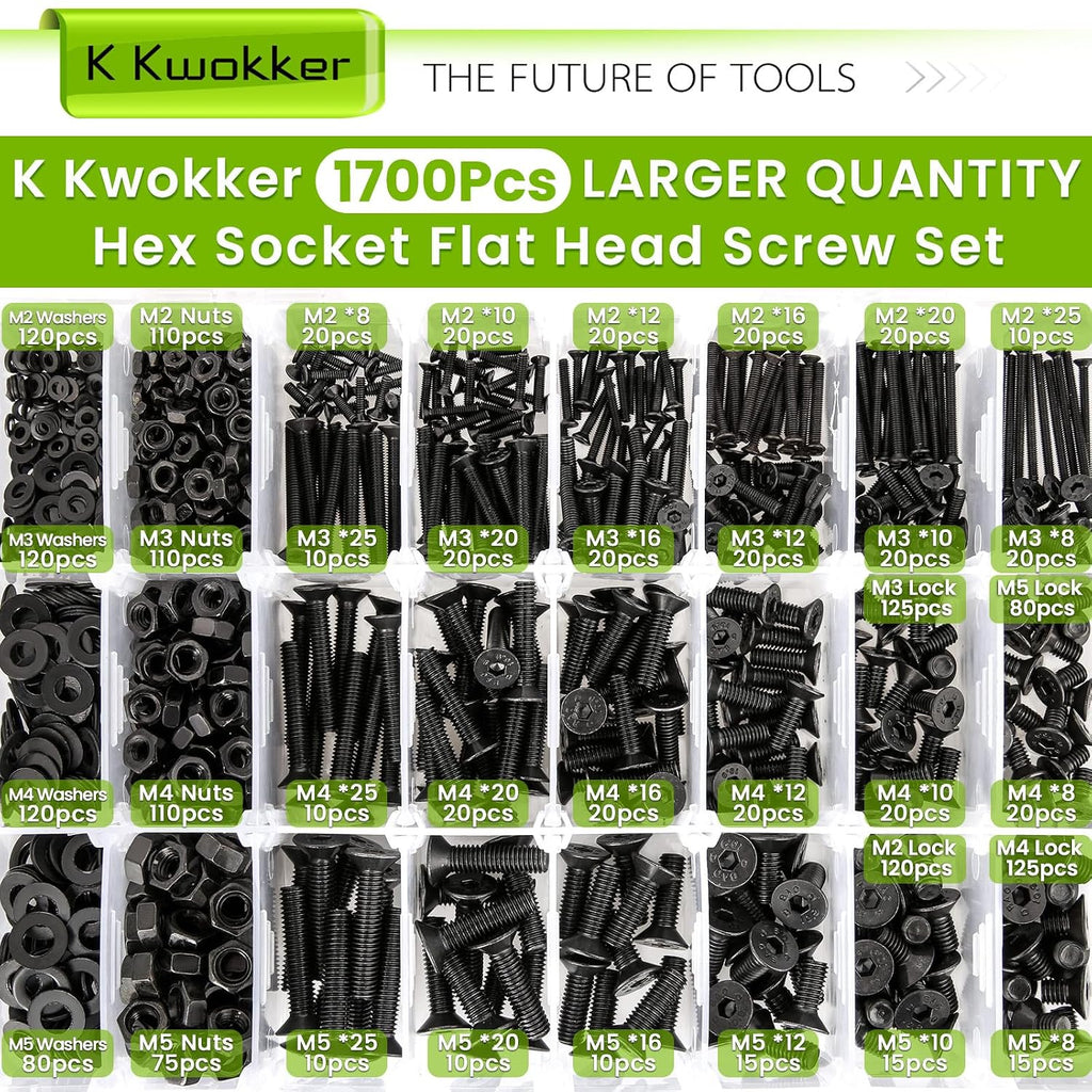 1700Pcs M2 M3 M4 M5 Hex Socket Flat Head Screws Assortment Kit