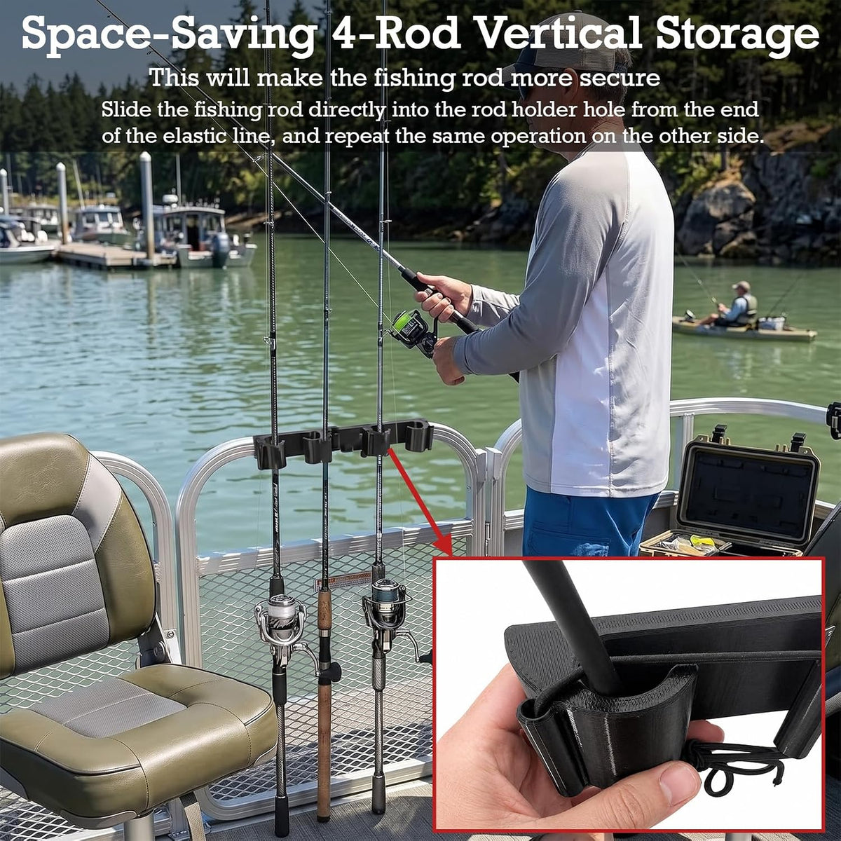 Pontoon Boat Rod Holders, Adjustable Clamp-On Square Rail Fishing Pole Rack