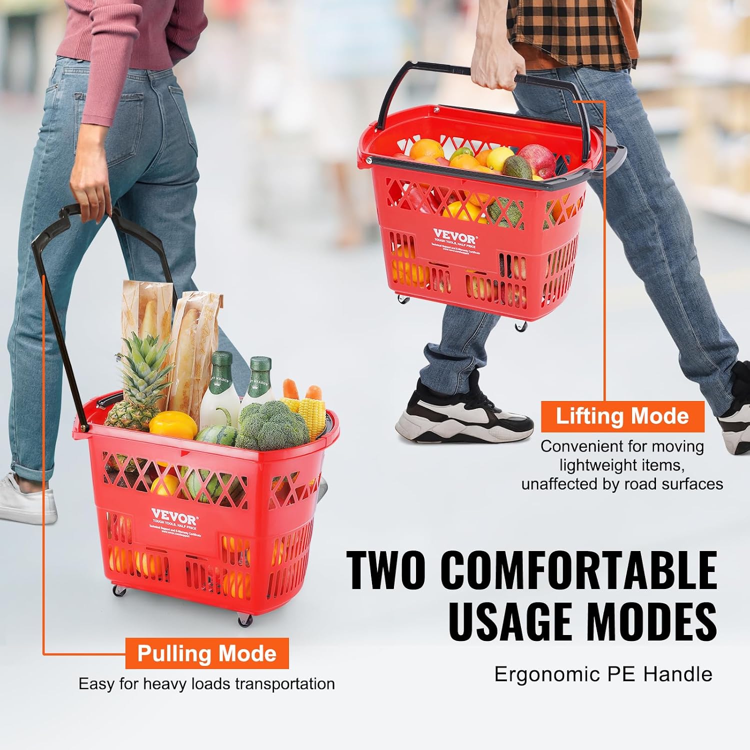 Shopping Carts with Handles, 6PCS, 39L Plastic Rolling Shopping Basket with Wheels, Large Portable Shopping Basket