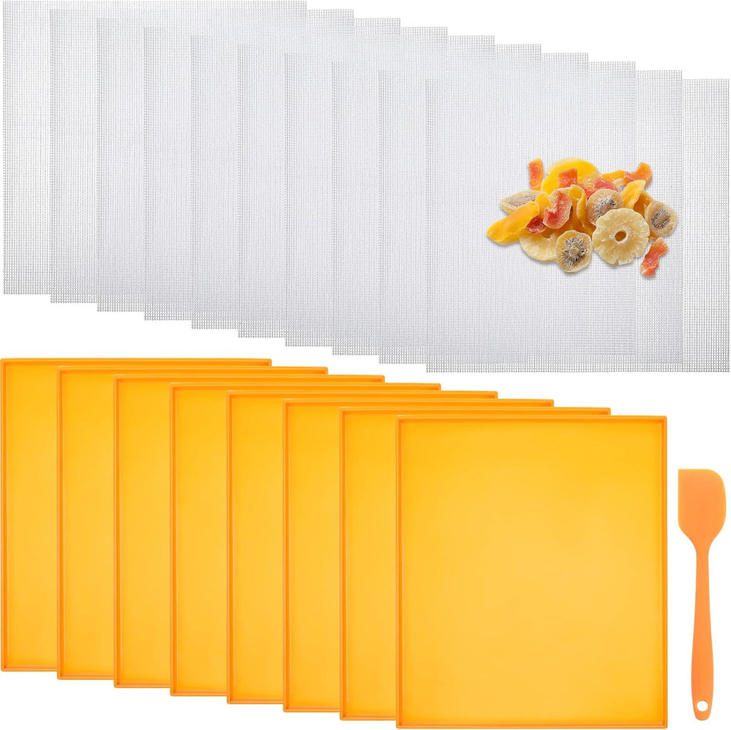 8 Silicone Dehydrator Mats & 10 Mesh Dryer Mats and 1 Baking Scraper, Reusable Non Stick Silicone Dehydrator Tray