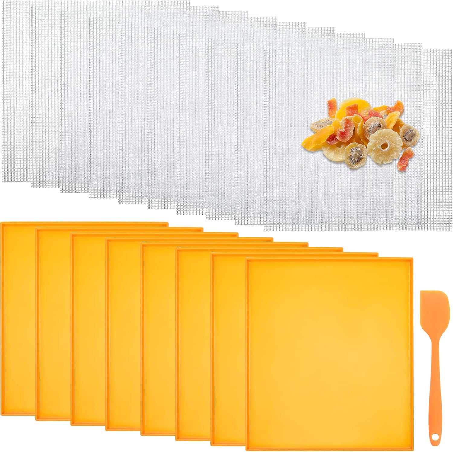 8 Silicone Dehydrator Mats & 10 Mesh Dryer Mats and 1 Baking Scraper, Reusable Non Stick Silicone Dehydrator Tray