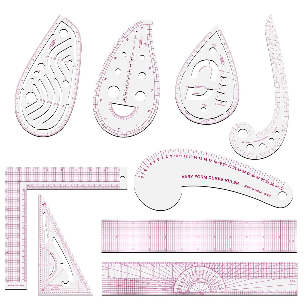 Sewing Rulers Set, 9 Styles Plastic Sew French Curve Ruler, Metric Sewing Measuring Tools for Designers and Tailors