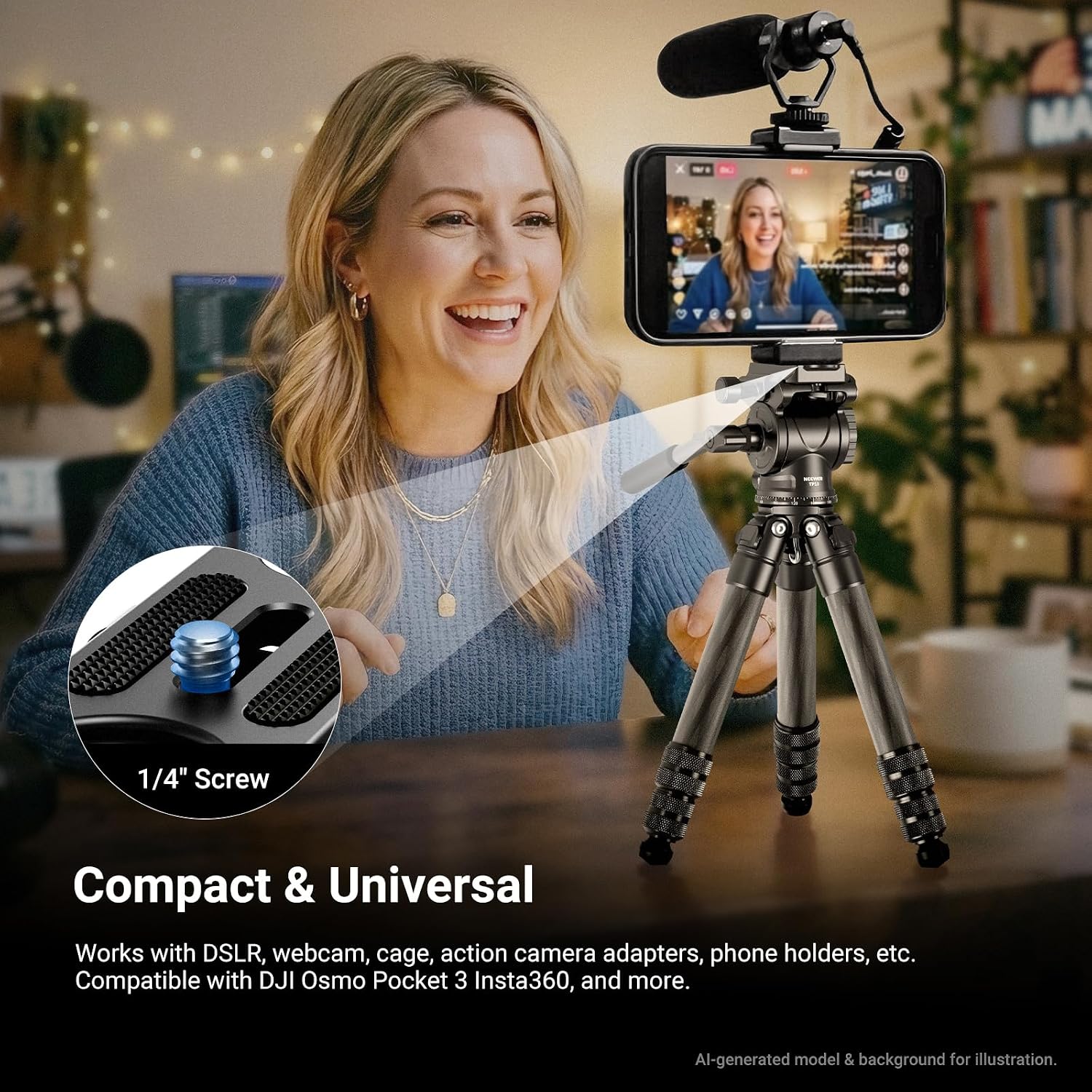 Carbon Fiber Desktop Mini Tripod for Camera, Tabletop Portable Travel Tripod with Video Fluid Head, QR Plate for