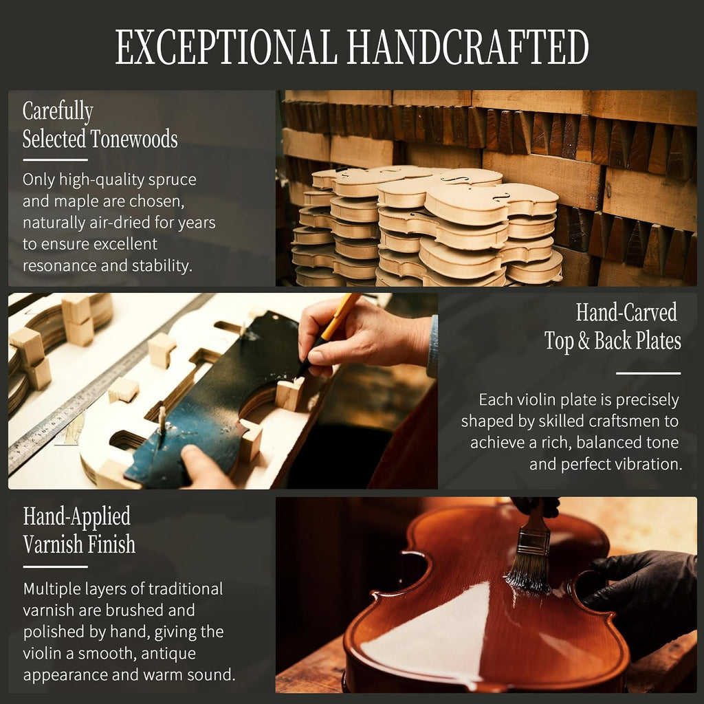 Handcrafted Full Size Violin: Solid Wood Matte Fiddle, Acoustic Beginner 4/4 Violin Kit with Hard Case, Lesson Book