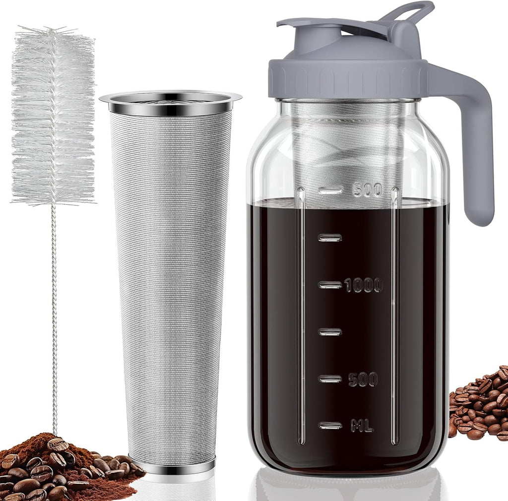 Cold Brew Coffee Maker Jar - 64oz Wide Mouth,LeakProof,Heavy Duty Glass Mason Pitcher with Spout Lid,Handle &