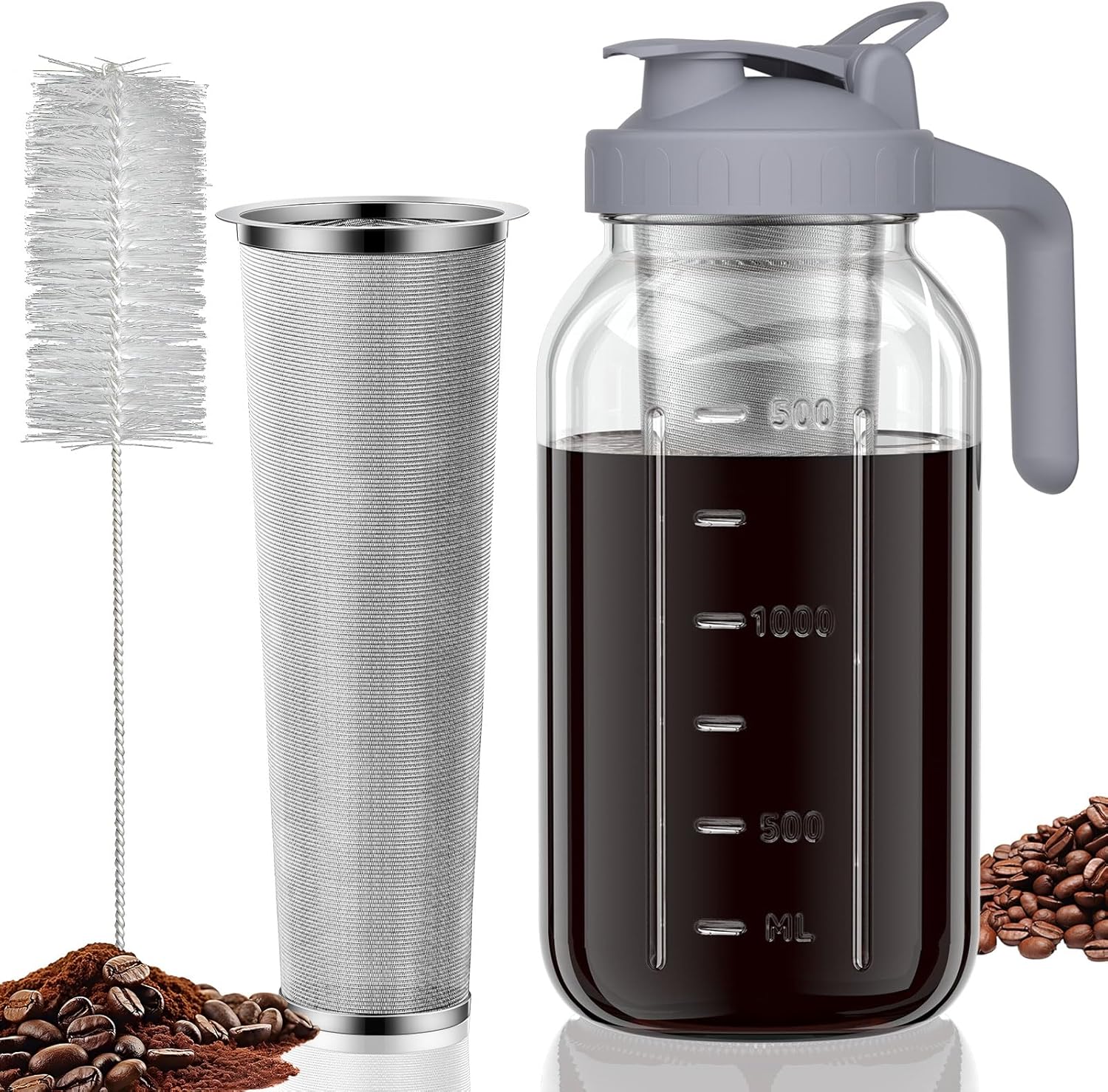 Cold Brew Coffee Maker Jar - 64oz Wide Mouth,LeakProof,Heavy Duty Glass Mason Pitcher with Spout Lid,Handle &