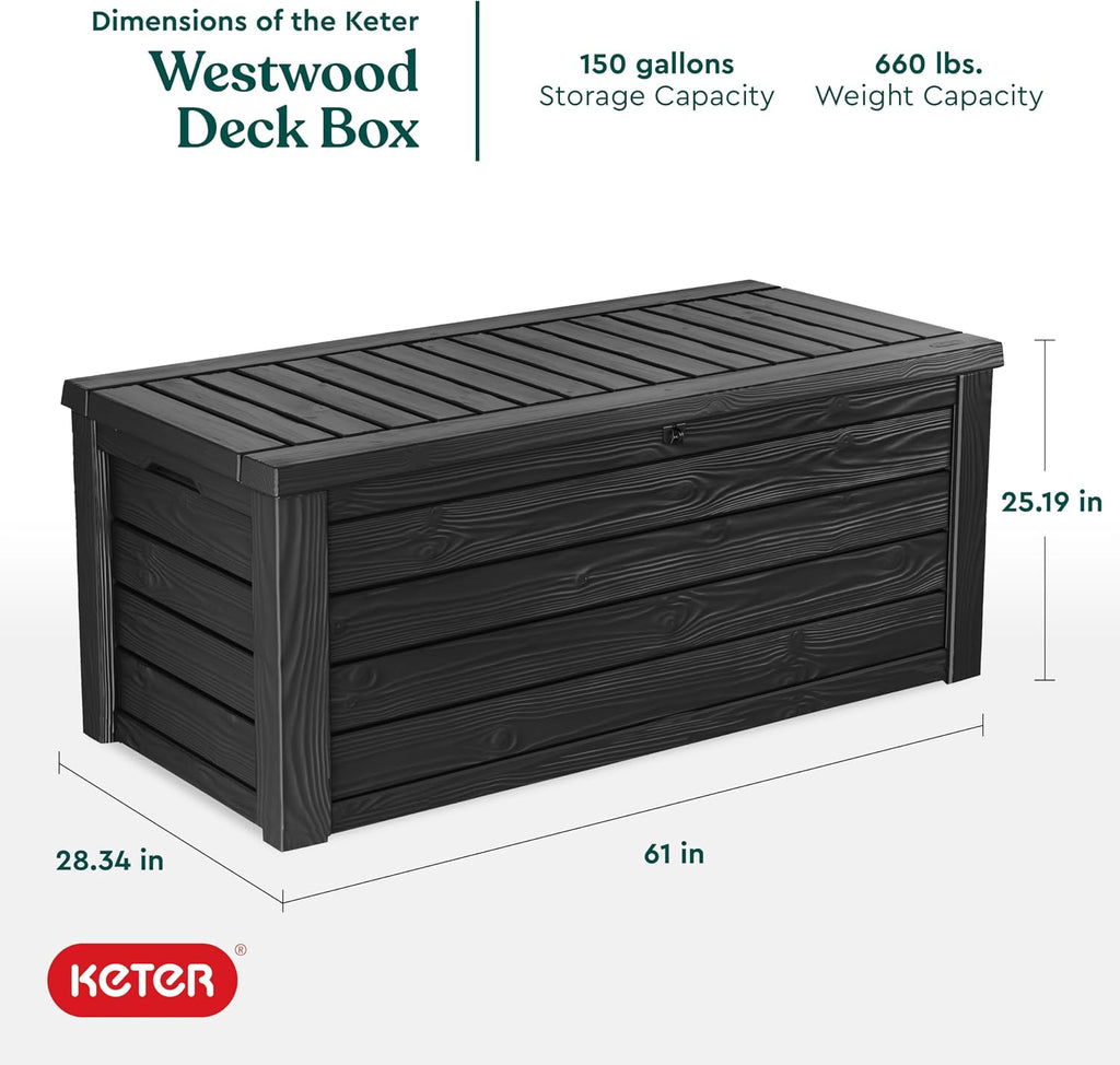 Westwood 150 Gal Outdoor Storage Box for Patio and Pool Accessories | Grey, Resin, Large, Weatherproof, Lockable