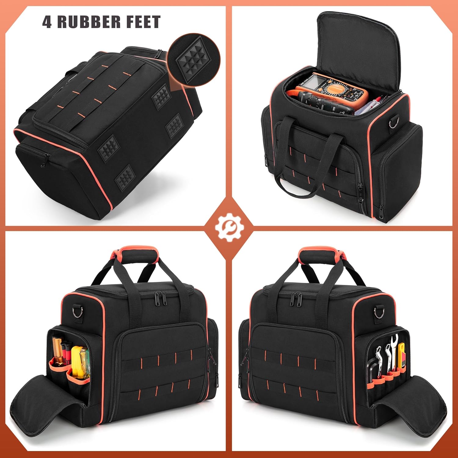 Tool Bag with 3 Removable Cases, 2 Layers Tool Tote for Hand Tools, Black with Red Binding