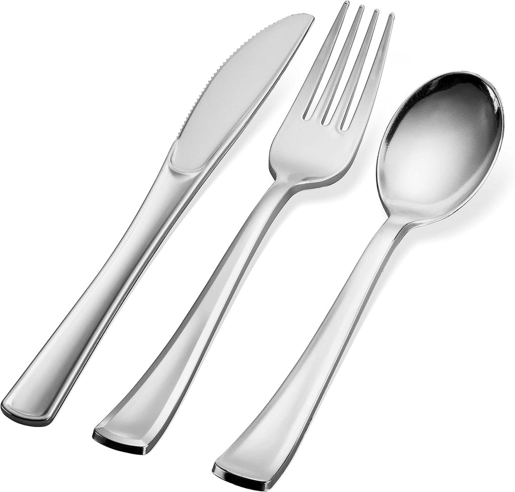 Plastic Silverware Set- Silver Flatware Set- Heavy Duty Cutlery Set - Bulk Combo Value Pack 160 count 40 Knives 80