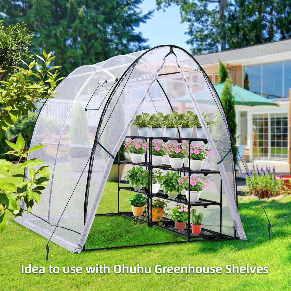 Portable Tunnel Greenhouse Outdoor: Heavy Duty Walk in Green House with Mesh Windows Durable Plastic PE Cover for