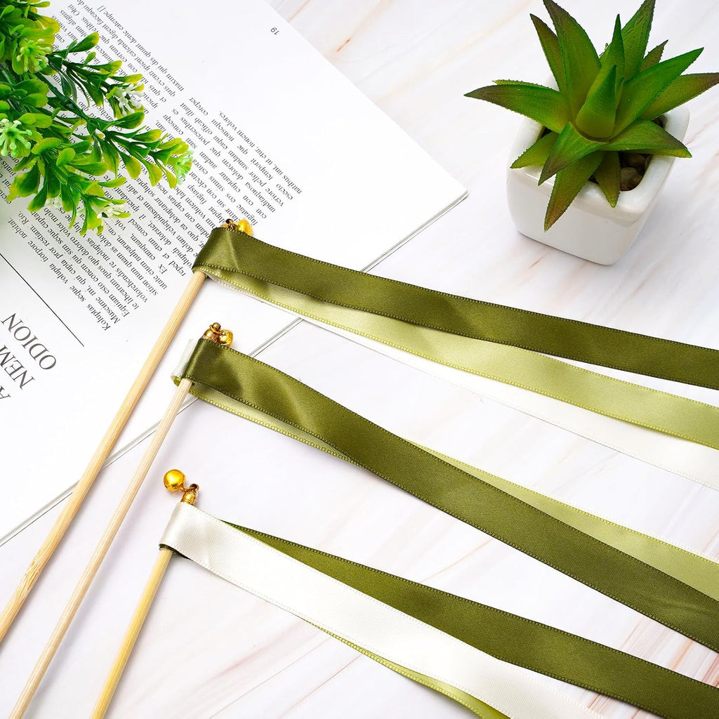 40Pcs Wedding Ribbon Sticks with Bells White Sage Green Streamers Fairy Stick Wands Ribbon Tassel Wands for Baby