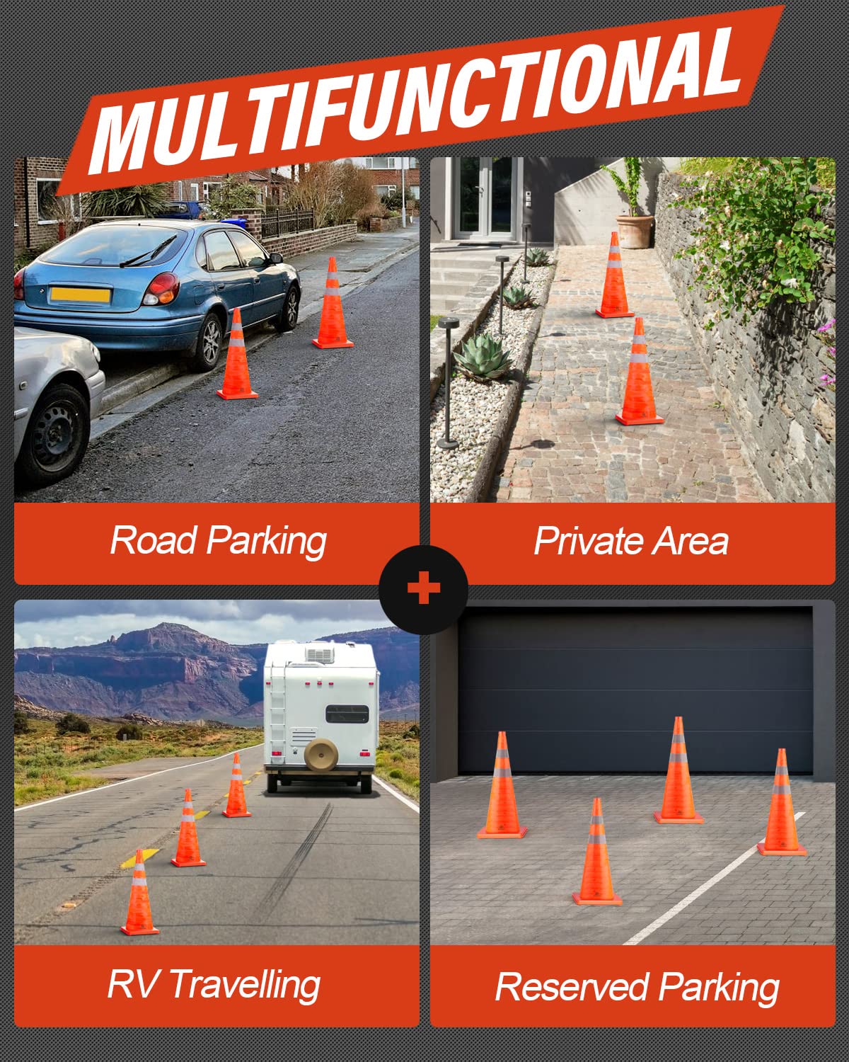 28 Inch 1 Pack Collapsible Traffic Safety Cones, Orange | Foldable Design for Storage, Reflective Collar Visible at