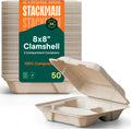 100% Compostable Clamshell Take Out Food Containers [8X8" 3-Compartment 50-Pack] Heavy-Duty Quality to go Containers