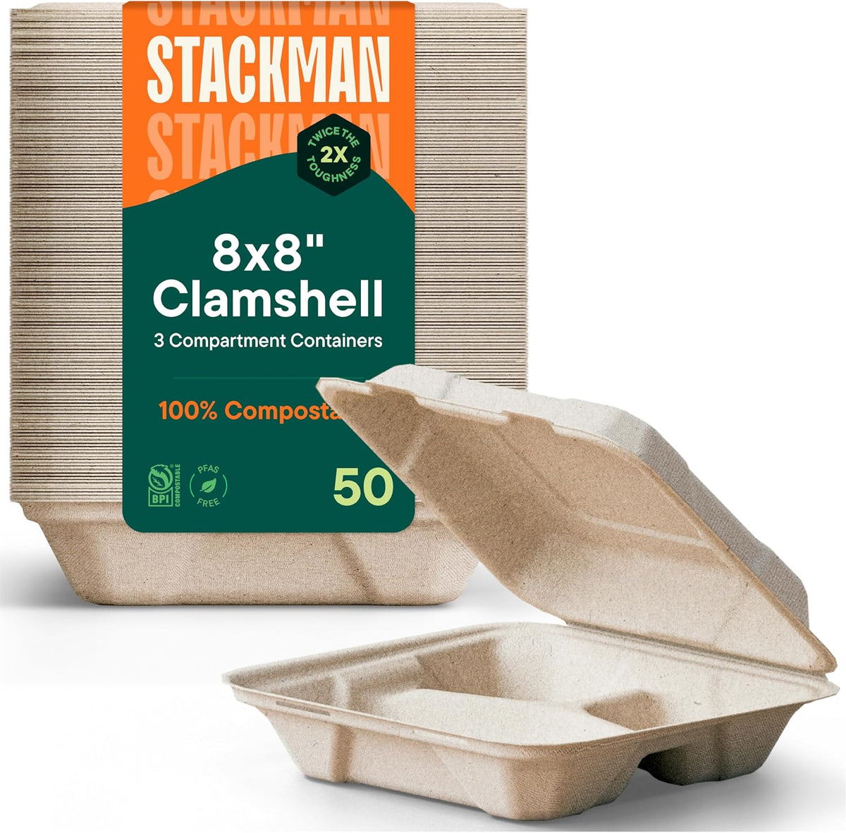 100% Compostable Clamshell Take Out Food Containers [8X8" 3-Compartment 50-Pack] Heavy-Duty Quality to go Containers