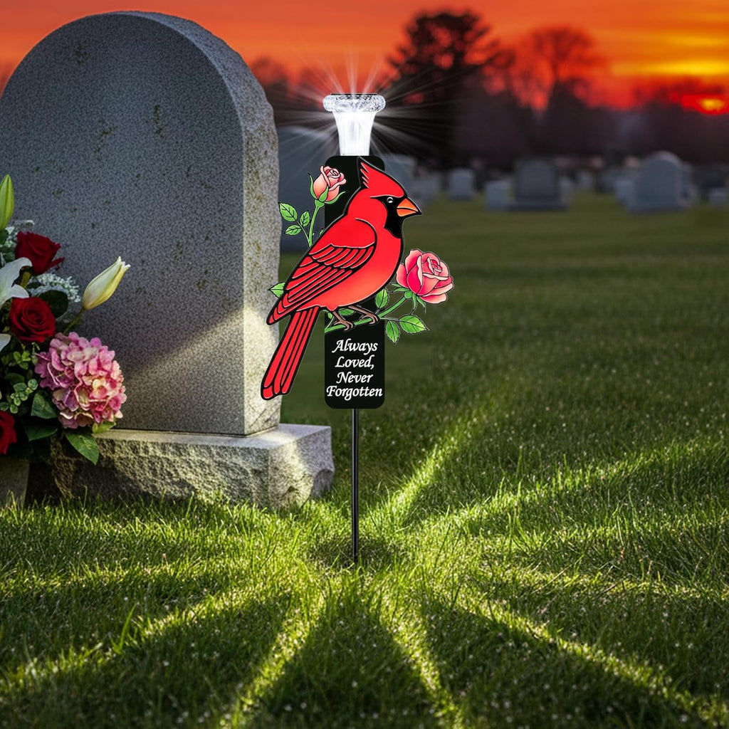 Solar Cardinal Memorial Stakes for Graves - Metal Cemetery Decorations with LED Light, Sympathy Gift for Loss of