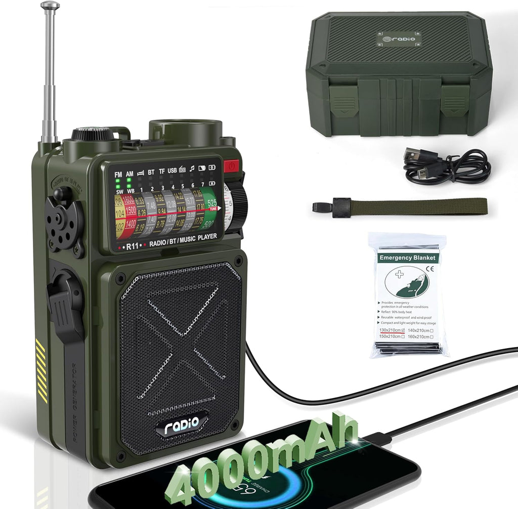Emergency Radio Hand Crank Solar - NOAA/AM/FM Shortwave Radio for Camping | Bluetooth Speaker,TF Playback,Solar