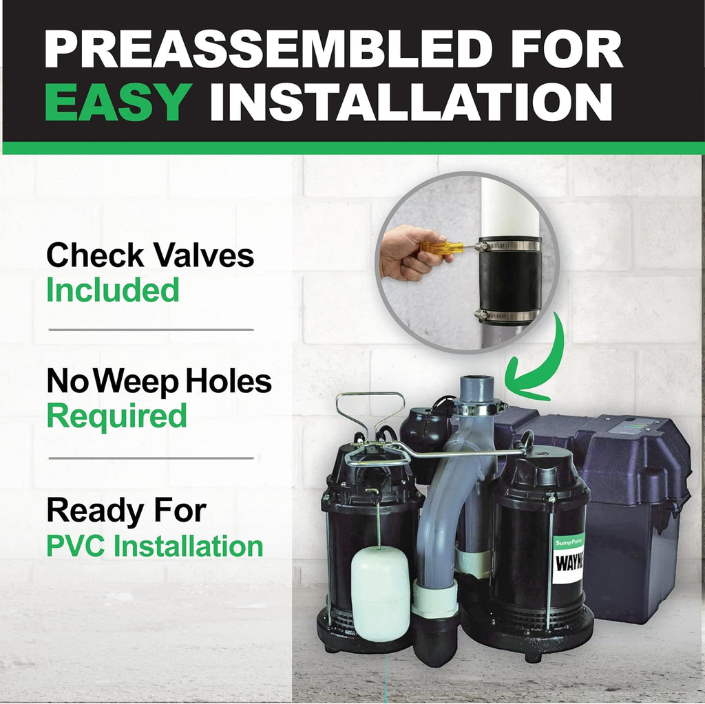 Preassembled Primary & Battery Backup Sump Pump Combo System | 1/2 HP, Integrated Vertical Float Switch, 12 Volt