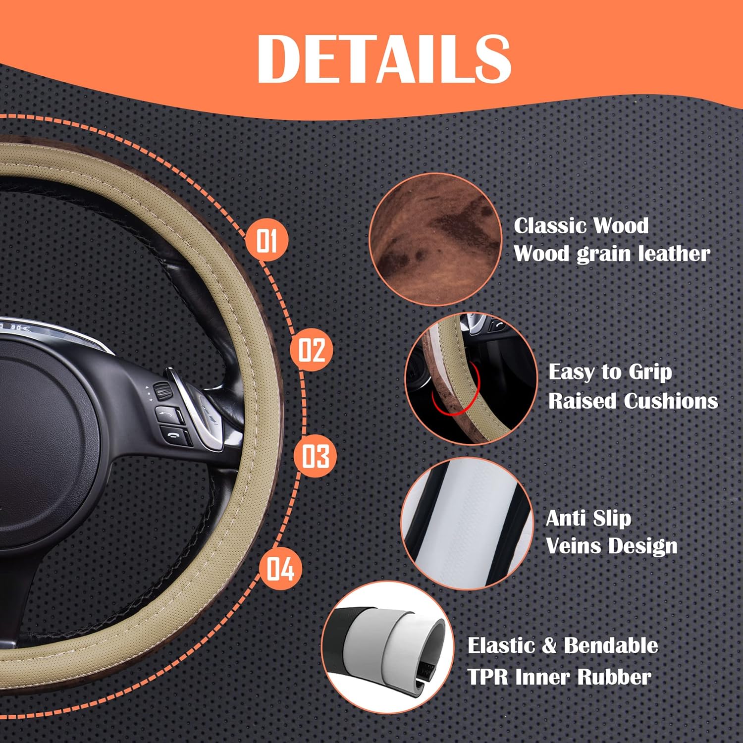 Wood Grain 14.5-15 inch Microfiber Leather Steering Wheel Cover, Anti-Slip Veins Design Steering Wheel Universal Fit