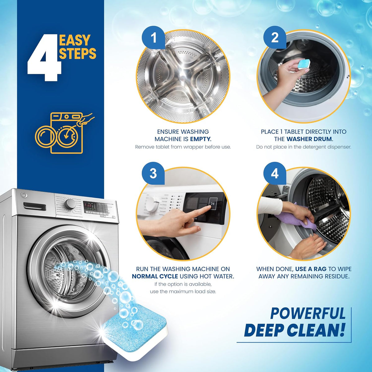 Washing Machine Cleaner Tablets 24 Pack - Deep Cleaning Tablets for Front & Top Load, Works With HE Washers, Removes