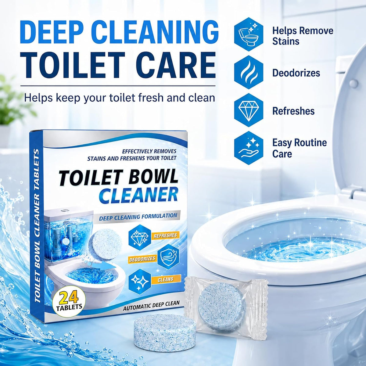 Toilet Bowl Cleaner Tablets 24 Pack, Drop-In Toilet Bowl Deodorizer Tabs, Helps Remove Stains, Limescale & Odor