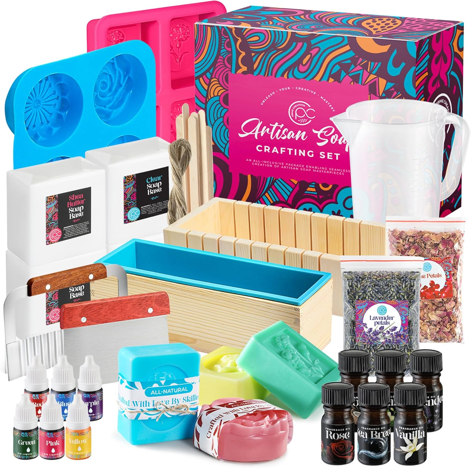 Soap Making Kit with Melt & Pour Base, Cutting Box, Molds, Fragrances - for Adults & Kids by Prime Creations.