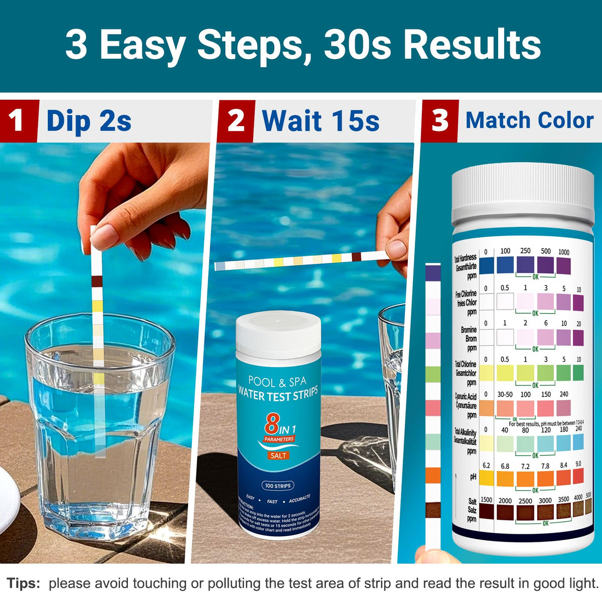 8-Way Pool Test Strips -150 CT Pool Salt Test Strips for Hot tub and Spa