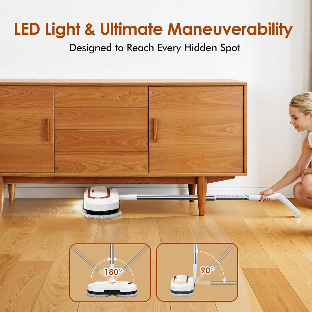Cordless Electric Mop for Floor Cleaning, Dual Spin with LED Headlight, Water Spray, Long-Lasting Battery