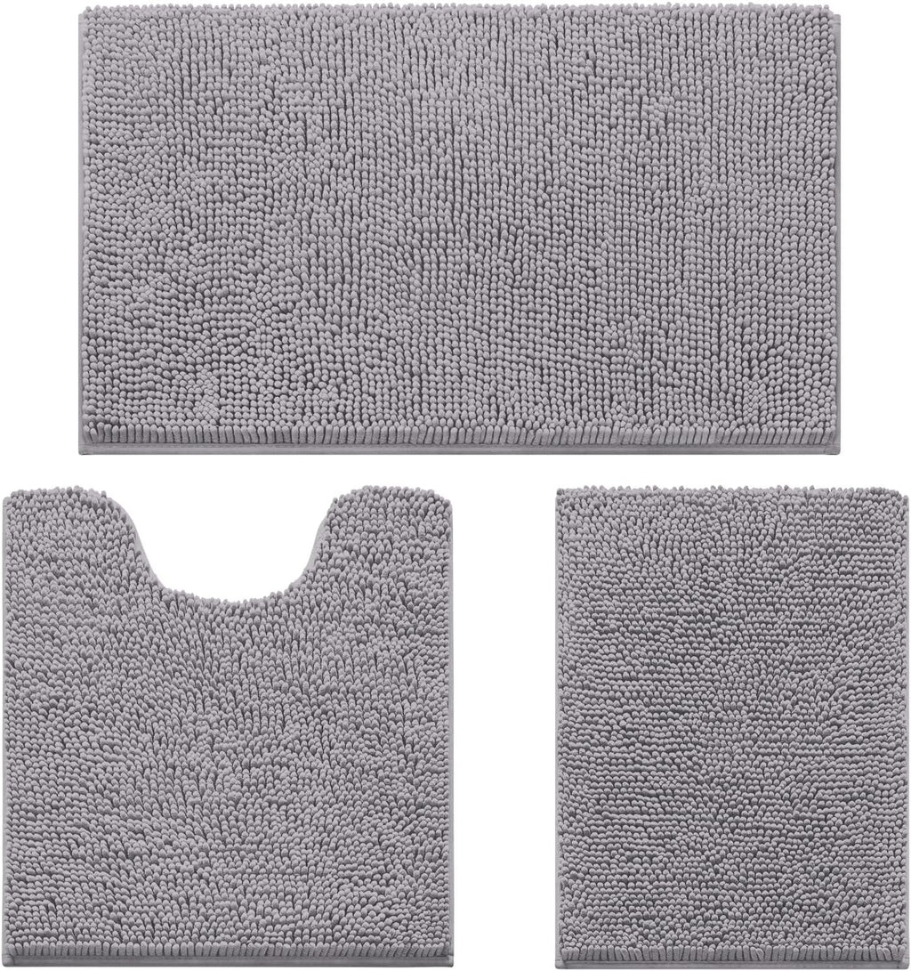 3 Pieces Bathroom Rugs, Soft Thick Absorbent Chenille Bath Mats, Washable Non-Slip Floor Rugs for Shower & Bath, Grey