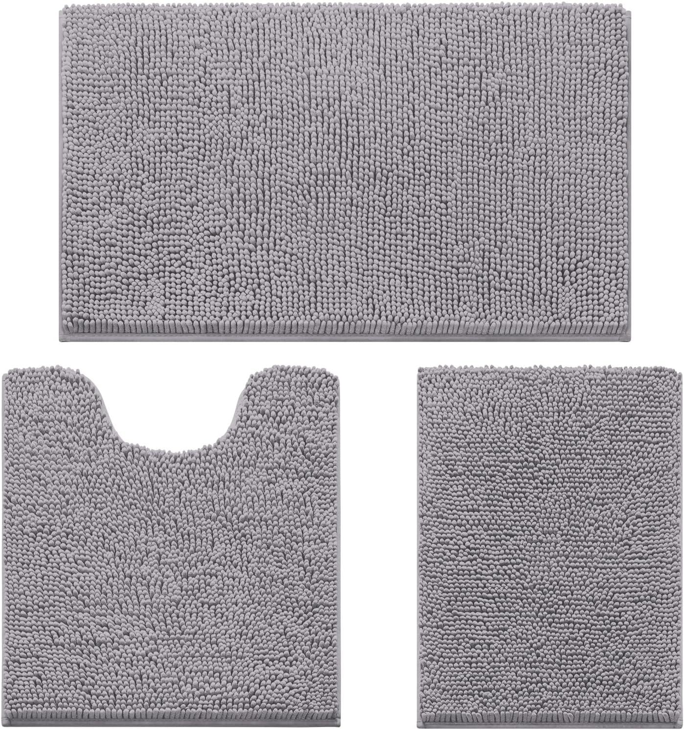 3 Pieces Bathroom Rugs, Soft Thick Absorbent Chenille Bath Mats, Washable Non-Slip Floor Rugs for Shower & Bath, Grey