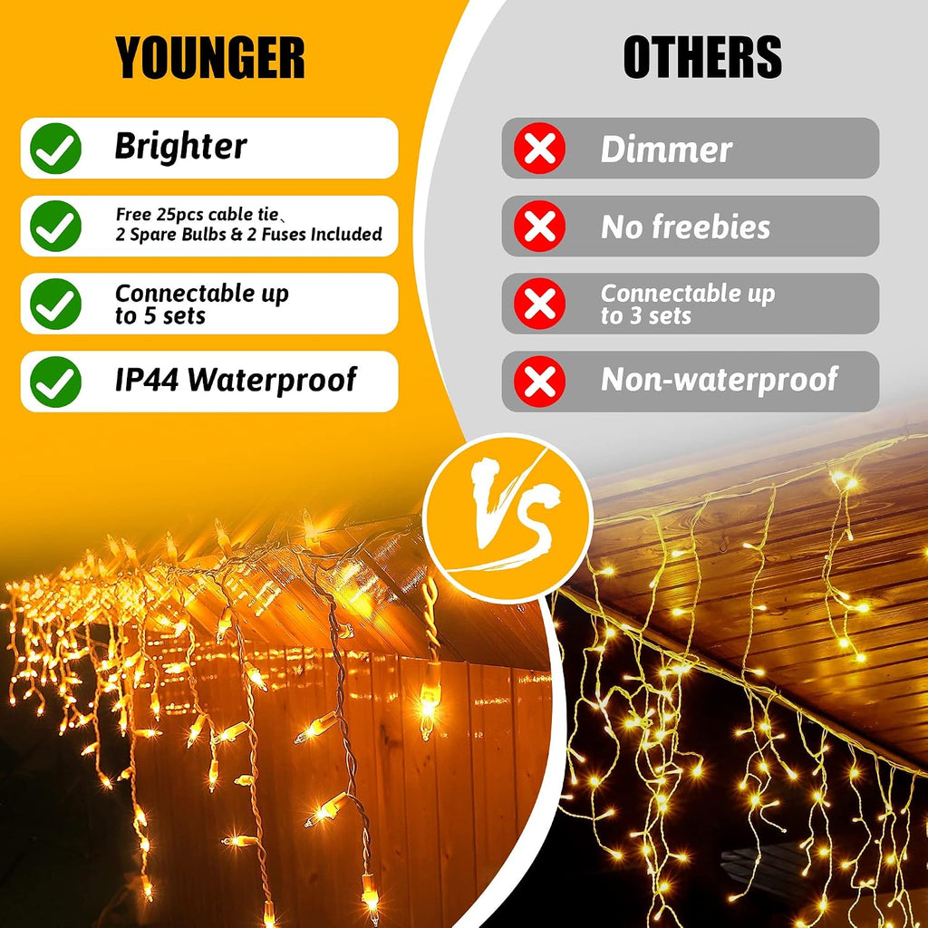 Icicle Lights Outdoor, 23FT 200 Connectable Icicle Christmas Lights | Warm White Plug in Curtain String Lights for