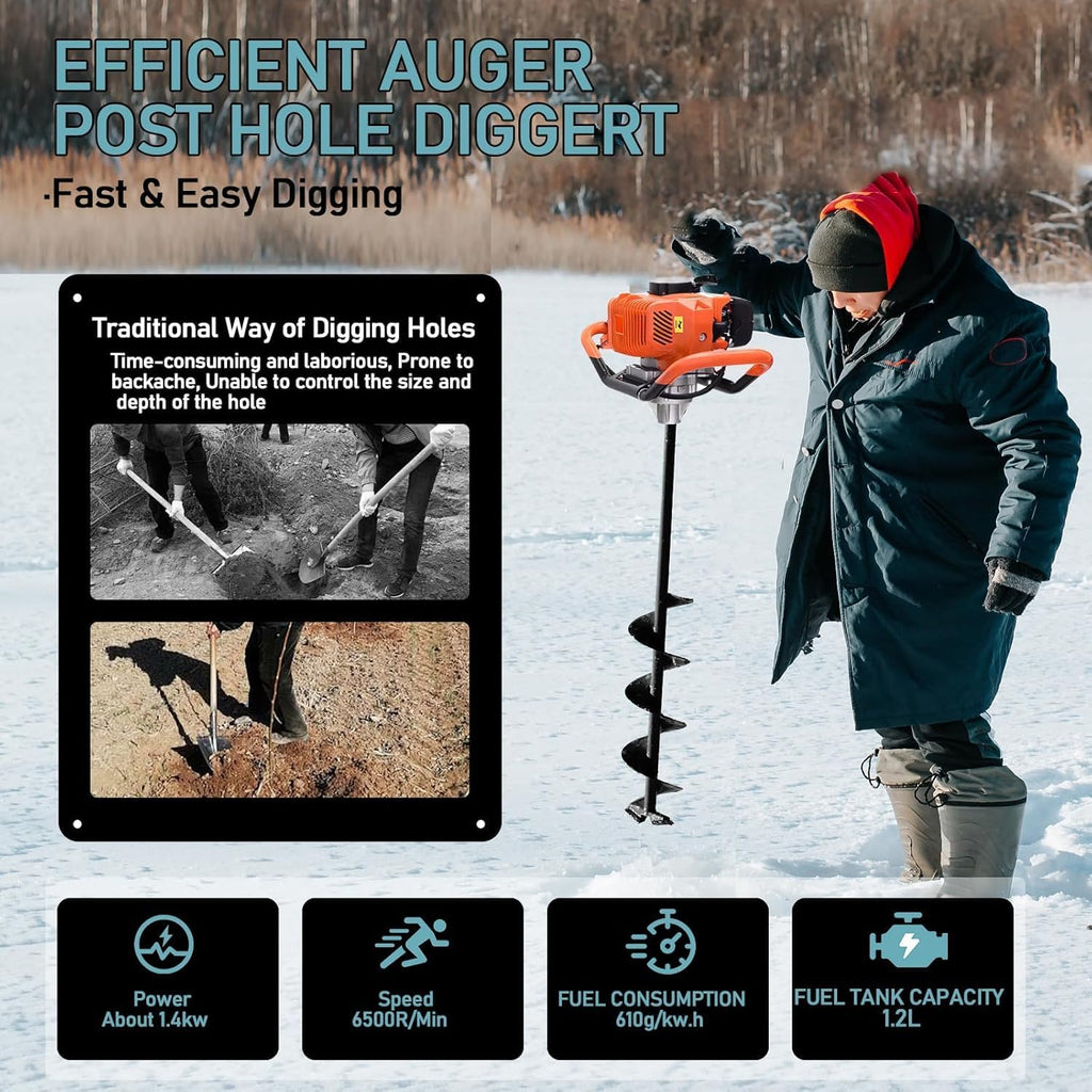 62cc Post Hole Digger Gas Powered Earth Auger Digger | 3 Drill Bit 3" & 5" & 8" and 3 Extension Rods 24" 24" 24" for