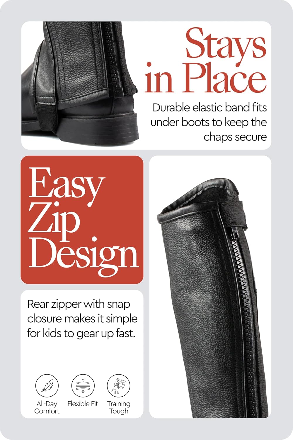 Unisex Black Half Chaps Kids, Synthetic Leather Zip Up Children Chaps