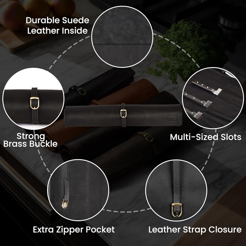 Genuine Leather Knife Roll Bag For Chef Professional-Black | Durable Sheath Holder, Cooks & Culinary Tools Organizer