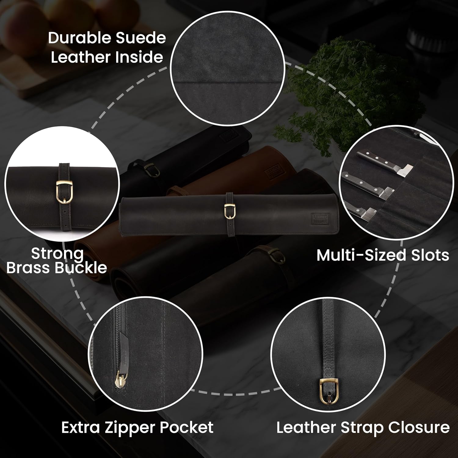 Genuine Leather Knife Roll Bag For Chef Professional-Black | Durable Sheath Holder, Cooks & Culinary Tools Organizer