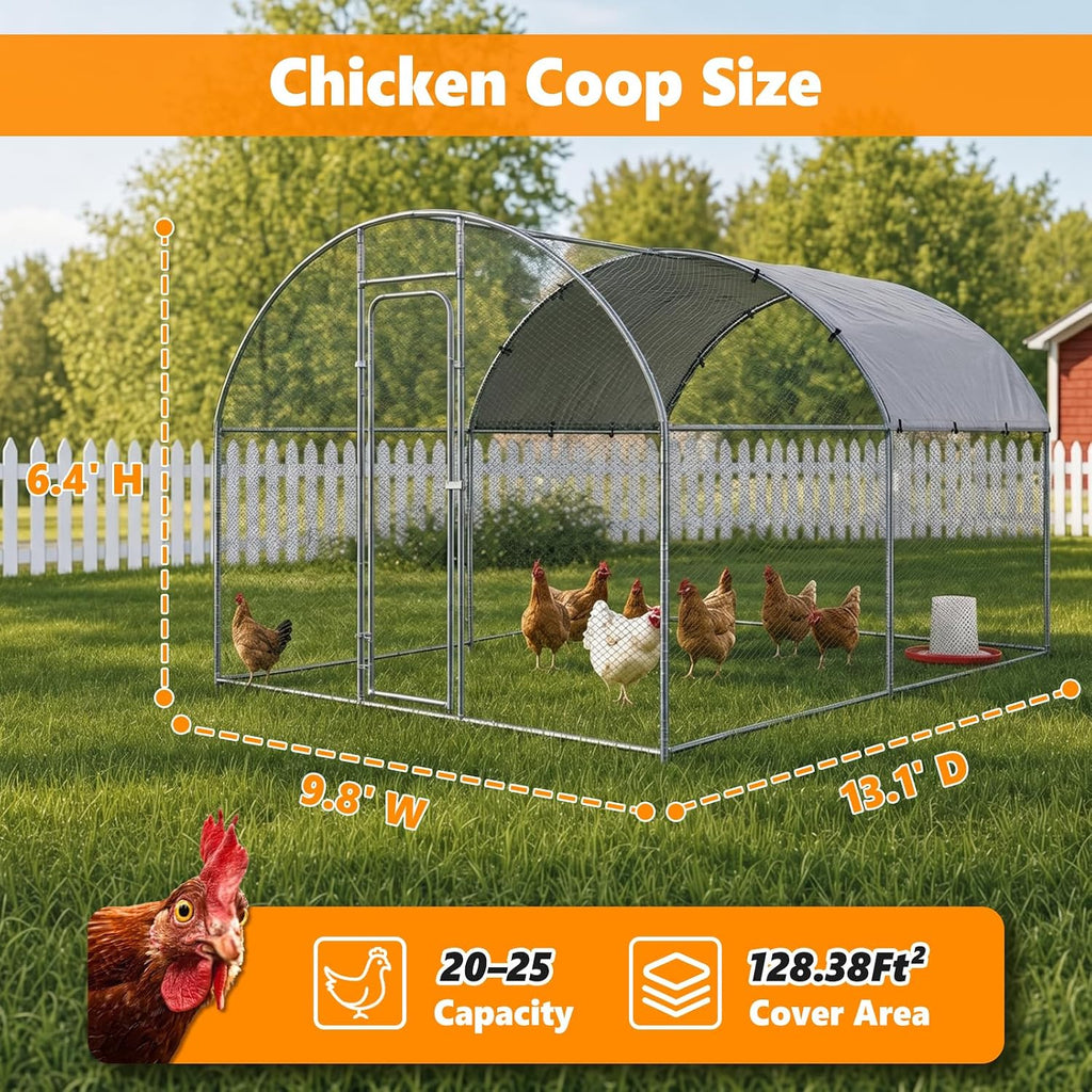 Metal Chicken Coop with Waterproof Curved Roof, 13.1×9.8×6.4ft