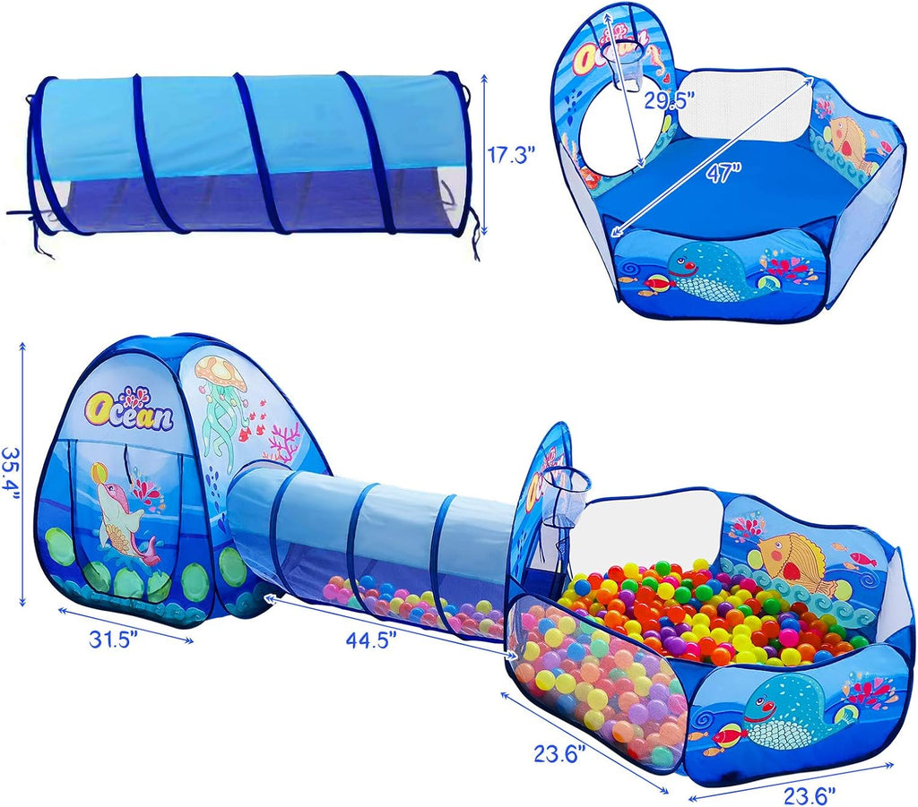 3 in 1 Kids Play Tent with Tunnel, Ball Pit, Basketball Hoop for Boys & Girls, Toddler Pop Up Playhouse Toy Baby