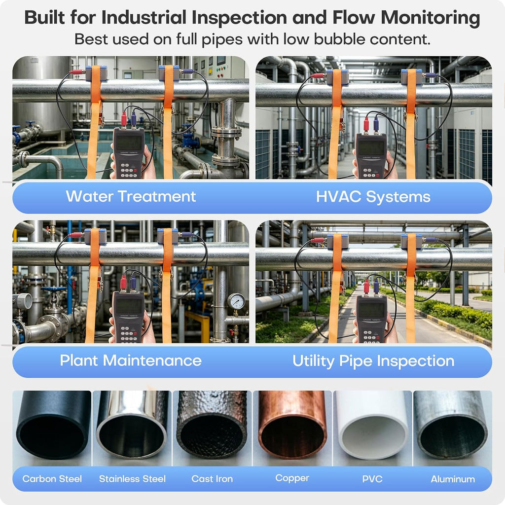 Handheld Ultrasonic Flow Meter Kit, Portable Clamp-on Liquid Flowmeter with 3 Transducer Sets, DN15-DN6000 Pipe Range, RS232 Data Logging, Non-Invasive Water Flow Meter
