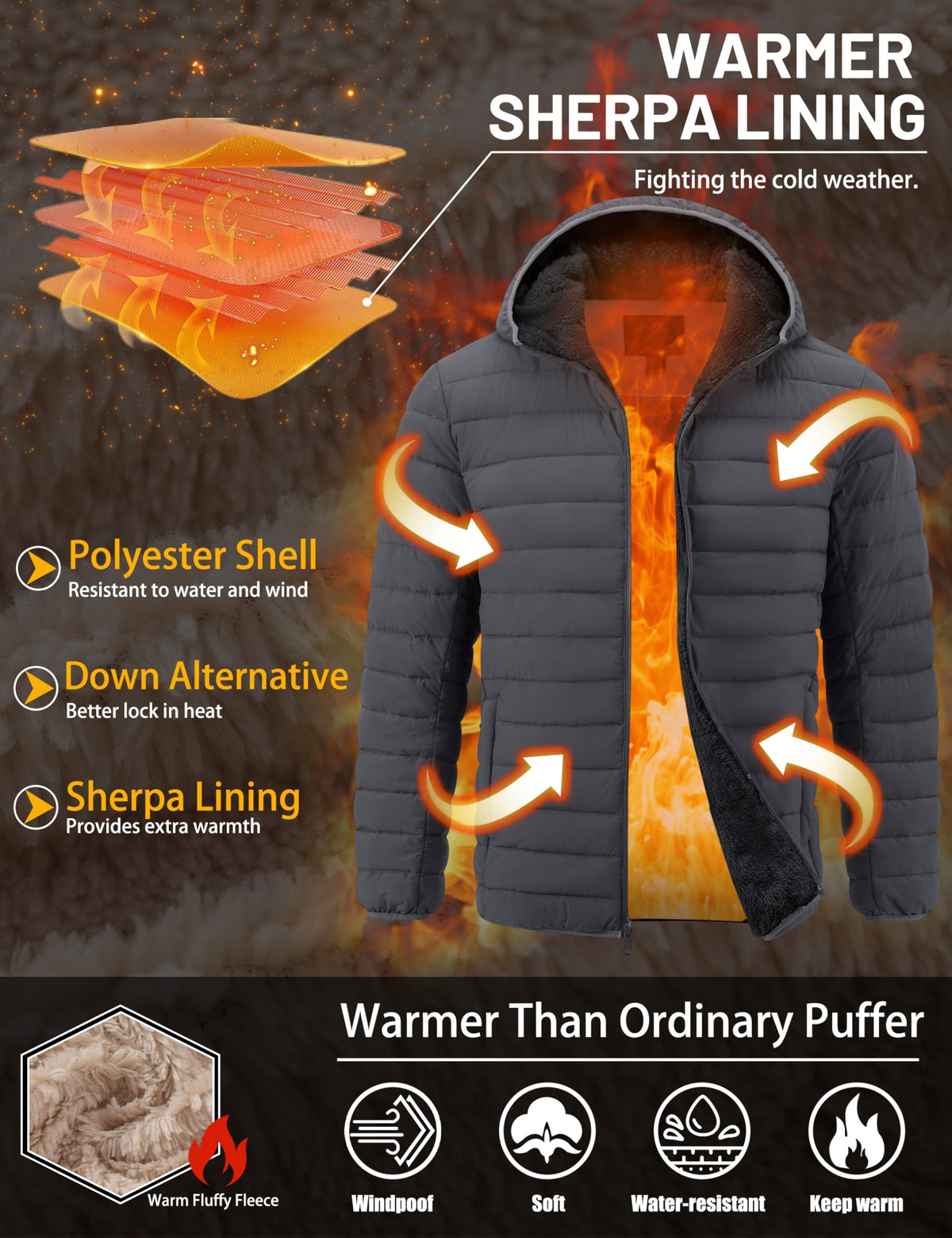 Mens Puffer Jacket with Hood Winter Sherpa Down Coat Dark Gray S