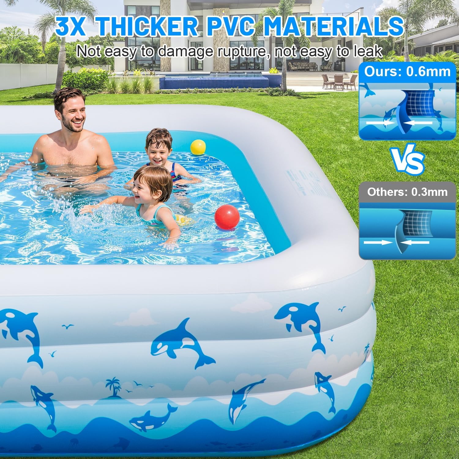 Extra Large Inflatable Swimming Pool – 165" x 76" x 22" Oversized Blow Up Pool for Adults, Big Family Backyard Pool