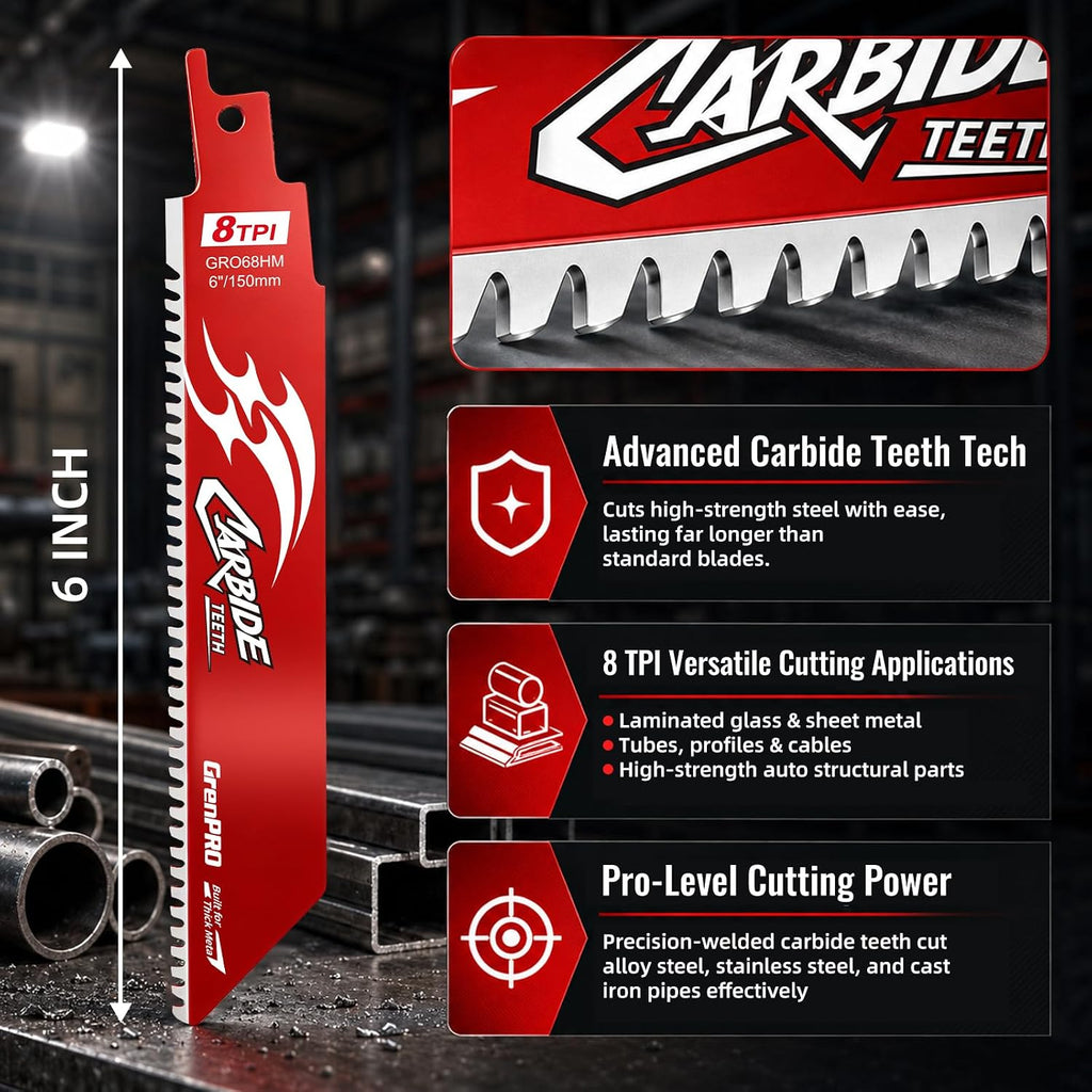 GRENPRO Carbide Reciprocating Saw Blades, 6" 8 TPI Thick Metal, 3-Pack