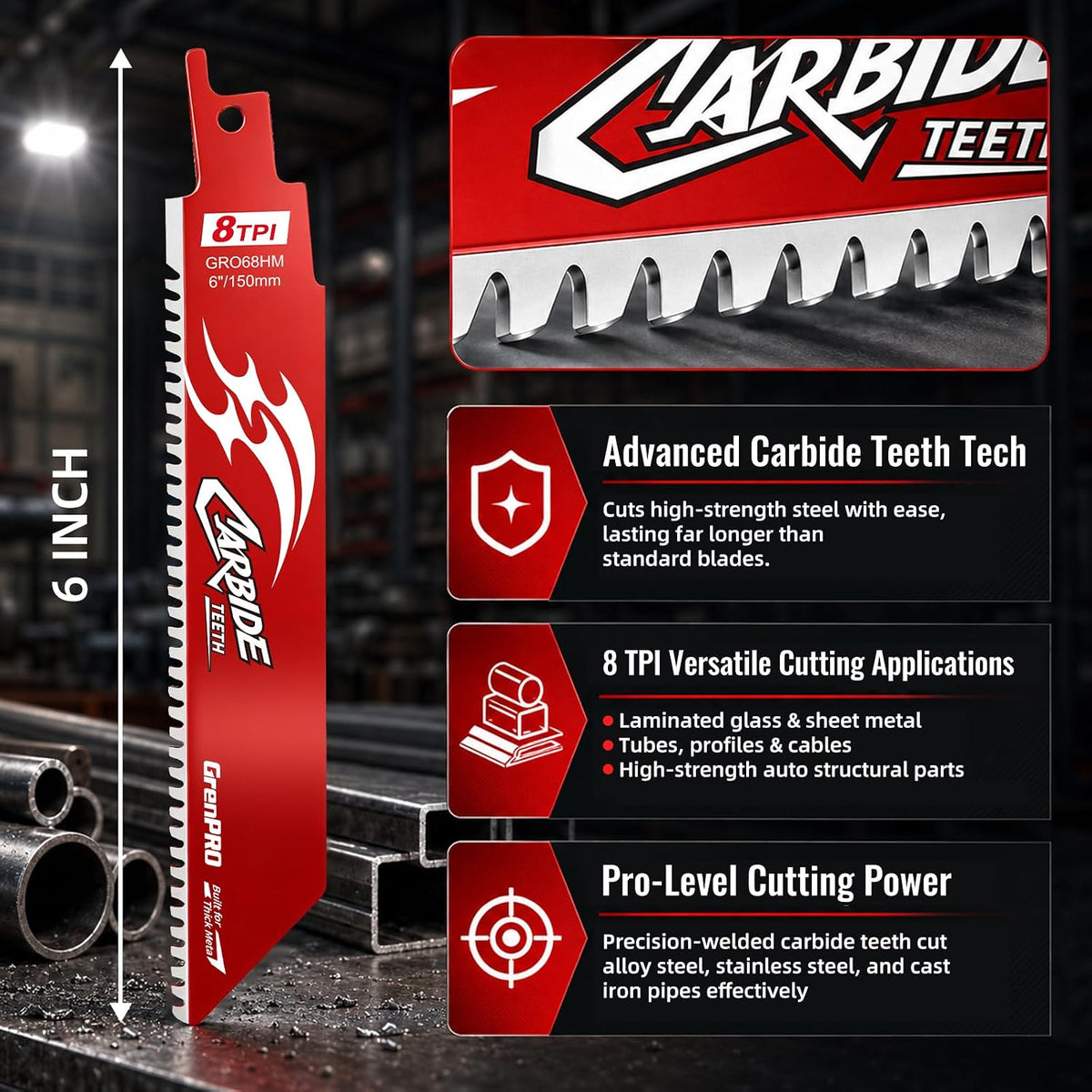 GRENPRO Carbide Reciprocating Saw Blades, 6" 8 TPI Thick Metal, 3-Pack