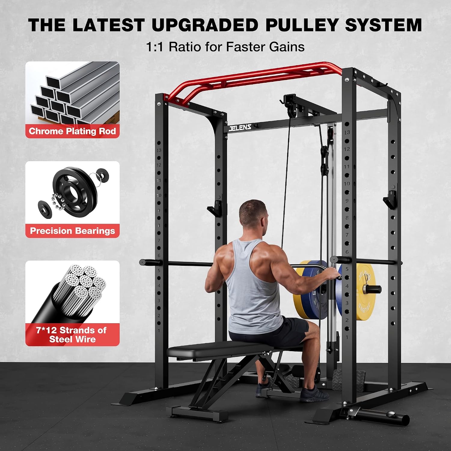 S11 Power Cage, 2000LB Multi-Function Power Rack with LAT Pulldown, Squat Rack with Adjustable Pulley System and
