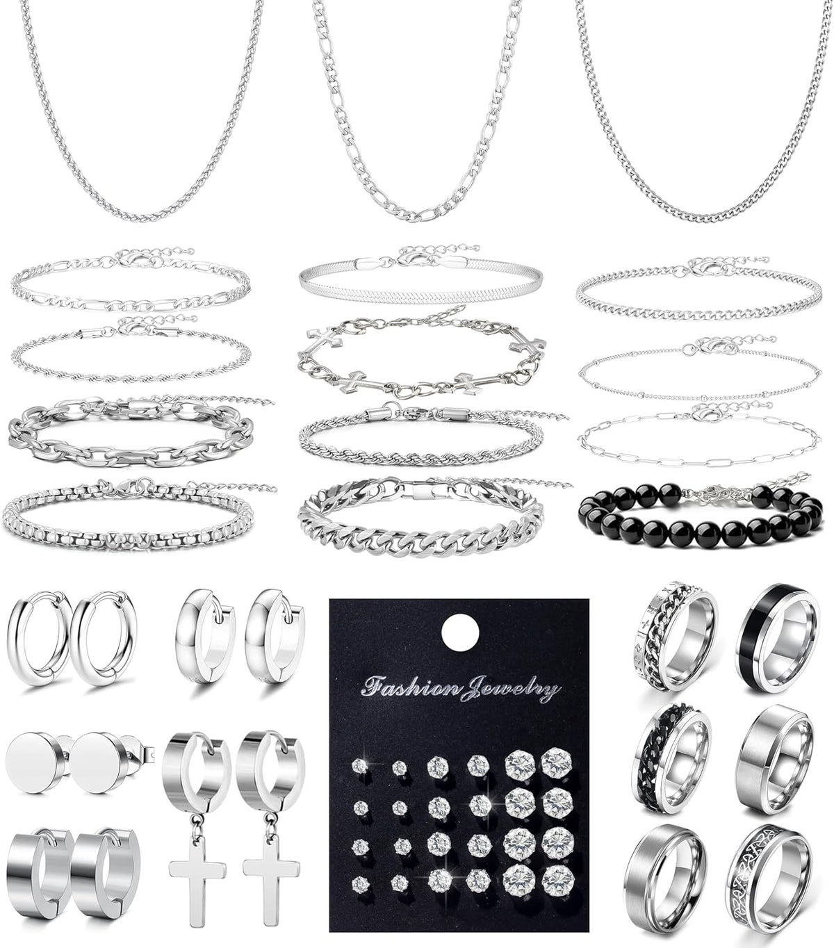 Jewelry Set for Men Silver Stainless Steel Cuban Link Necklace Bracelet Rings Hoop Stud Earrings Mens Jewelry Set