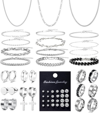 Jewelry Set for Men Silver Stainless Steel Cuban Link Necklace Bracelet Rings Hoop Stud Earrings Mens Jewelry Set