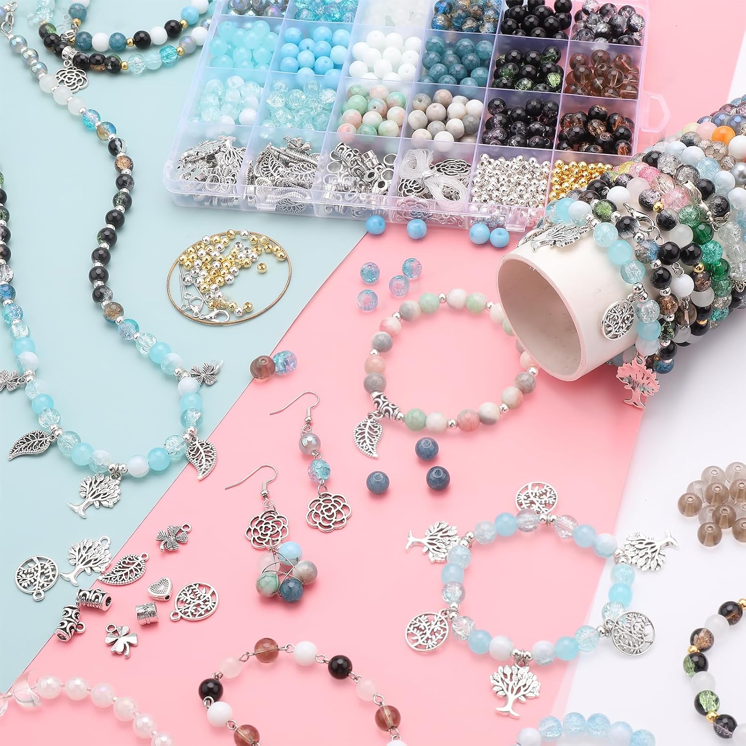 8mm 18 Colors Glass Beads for Jewelry Making, 810pcs Charm Bracelet Making Kit - Crystal/Crackle/Stone/Gold & Silver