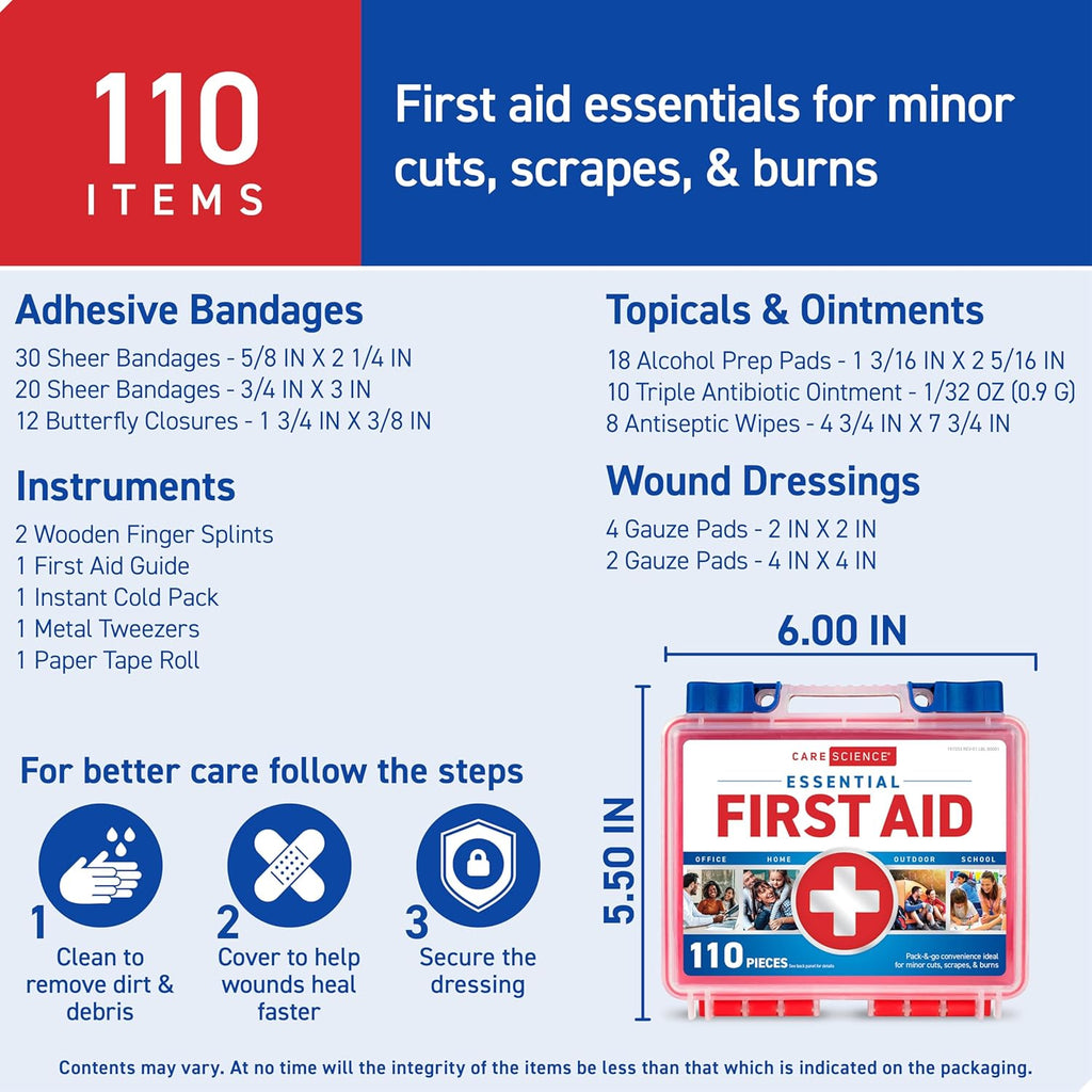 First Aid Kit, 110 Pieces | Professional Use for Travel, Work, School, Home, Car, Emergency, Survival, Camping