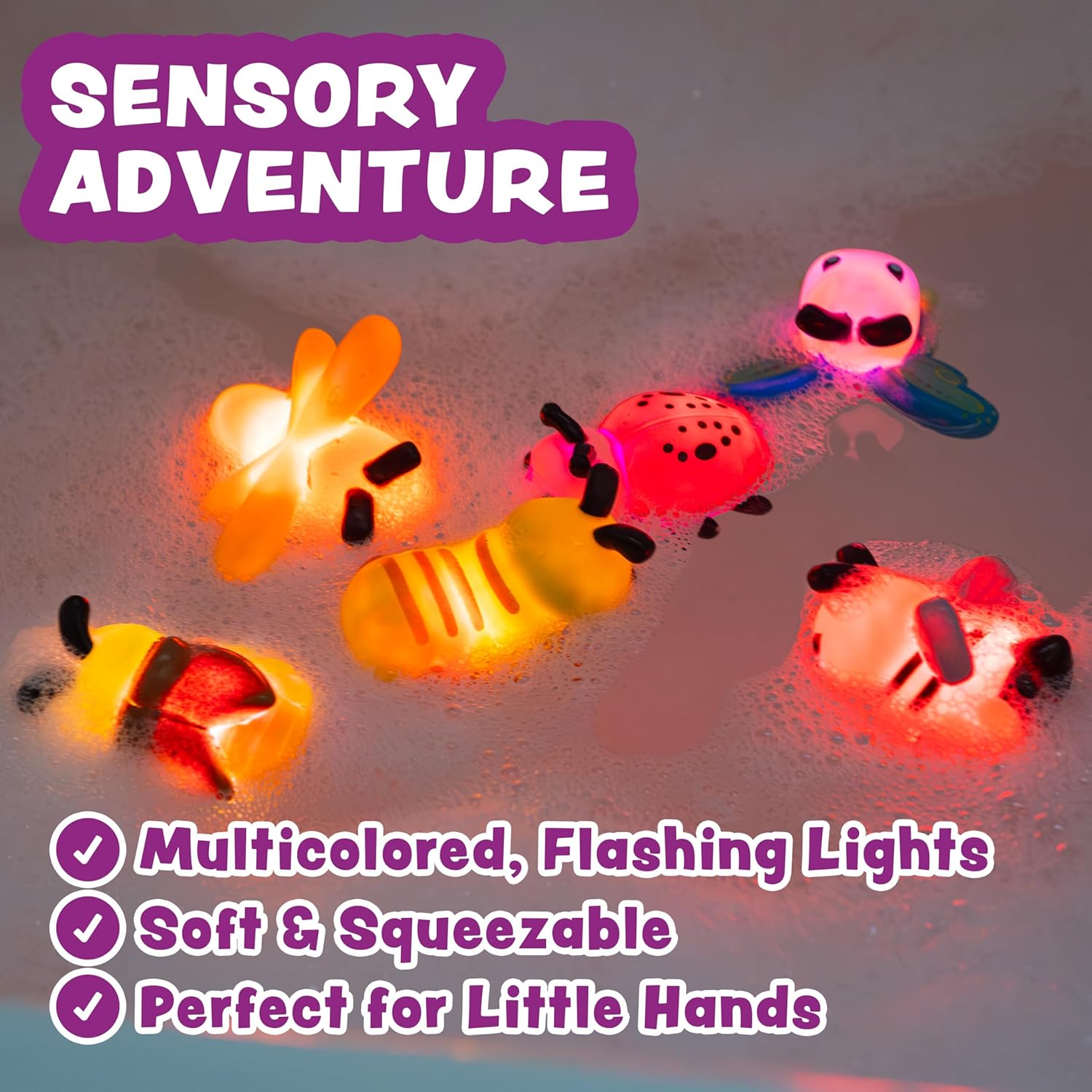Bugs Light Up Bath Toys, 6 Pack | Water-Activated Light Up Toys Flash & Change Color | Easy-Grip Baby Girl & Toddler