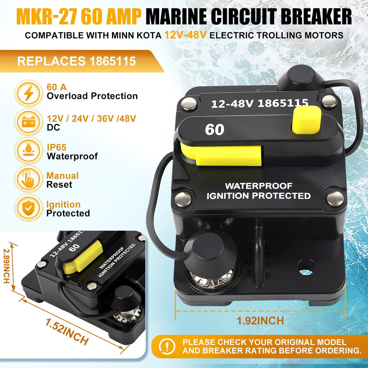 MKR-27 1865115 60 Amp Marine Circuit Breaker Compatible with Minn Kota