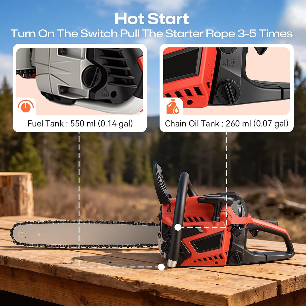 62CC 2-Stroke 20 Inch Top Handle Gas Chainsaw, Top Handle Gas Powered Chainsaw Petrol Handheld Cordless Chain Saw for